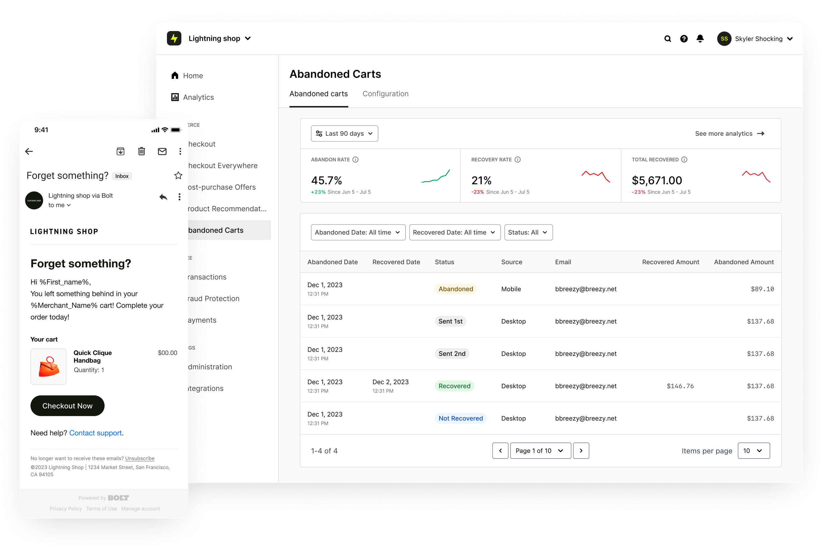 Abandoned carts dashboard and email notification overview