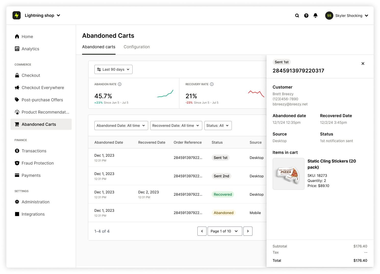 Abandoned carts merchant dashboard with detail tray and analytics