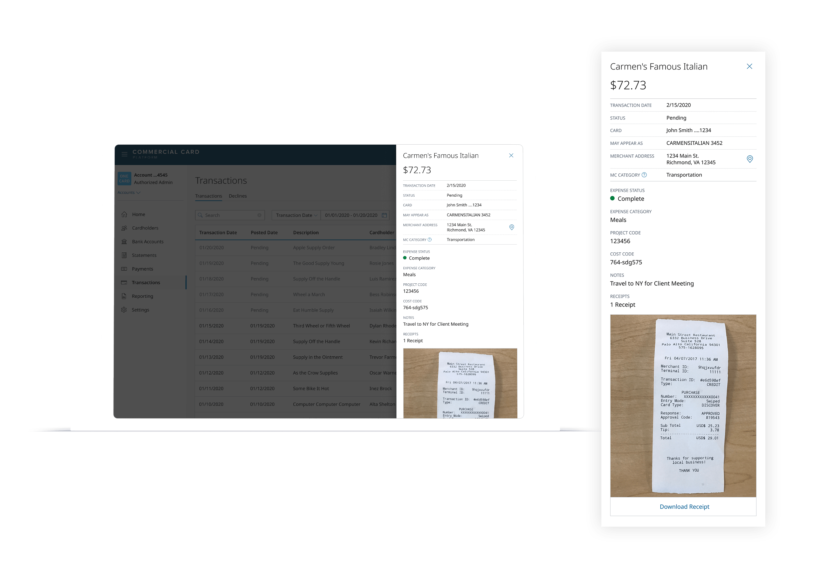Redesigned expense detail panel with inline receipt display