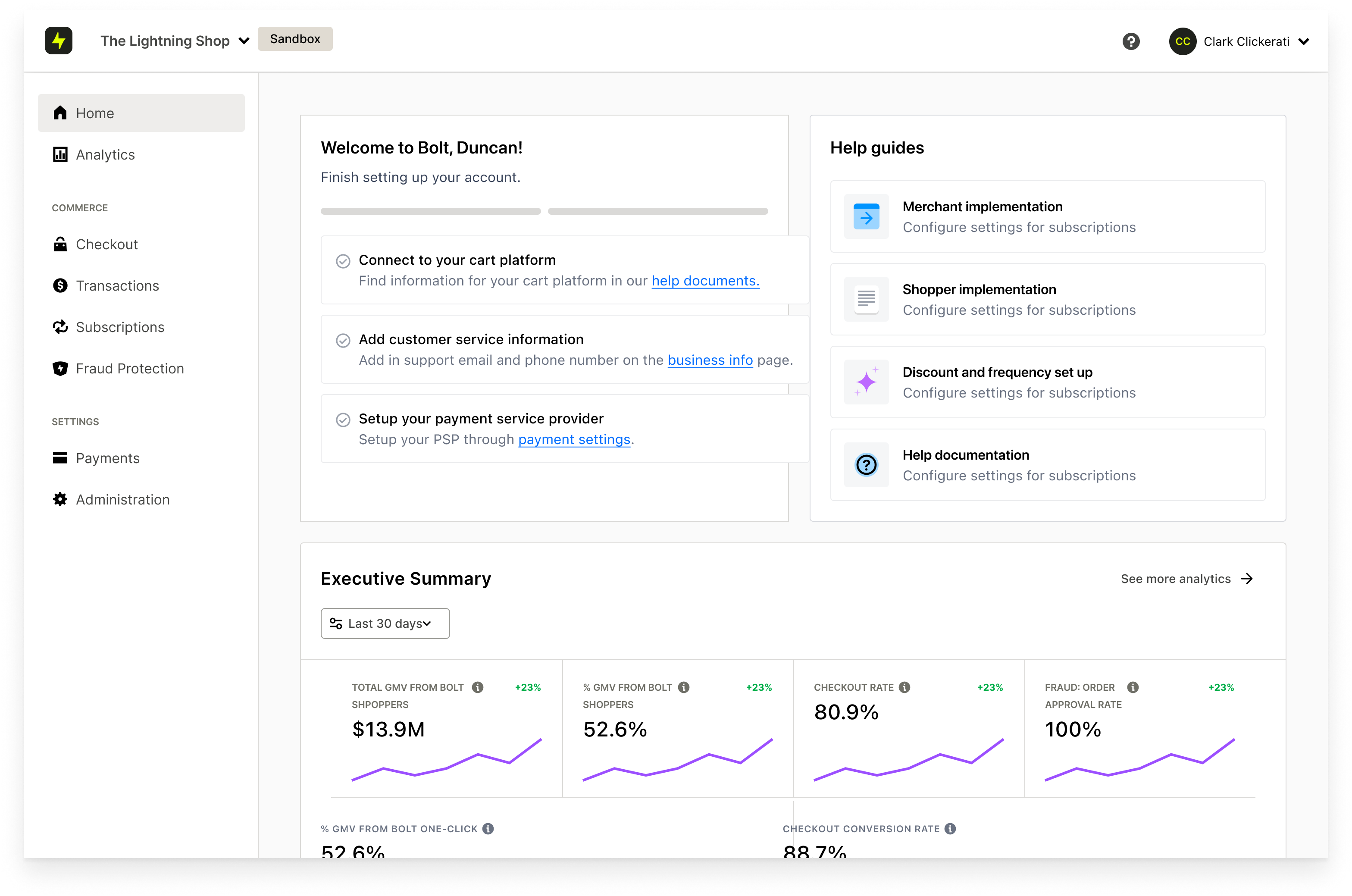 Merchant dashboard with setup checklist and analytics