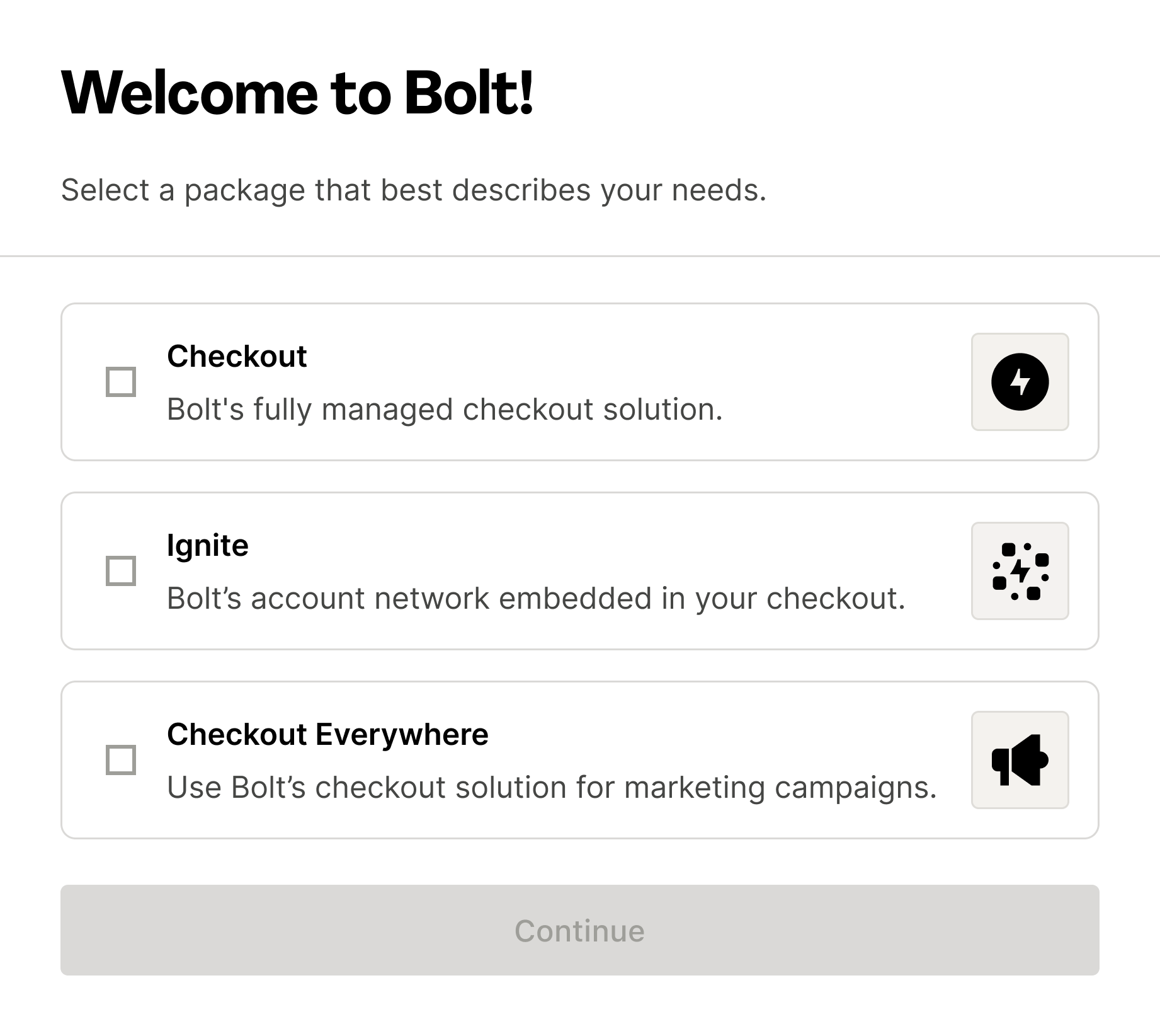 Bolt onboarding package selection screen