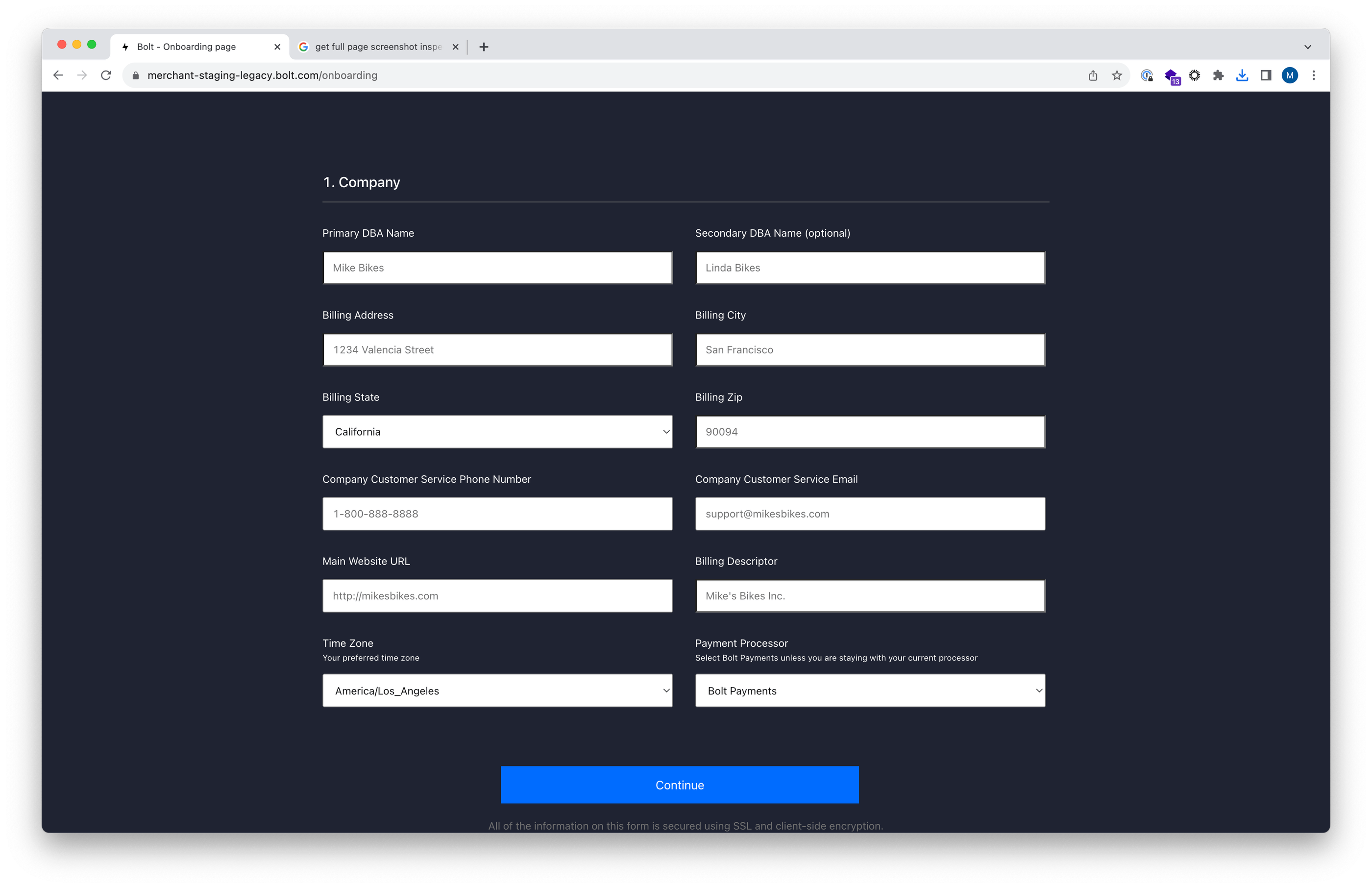 Legacy onboarding form - Company section fields