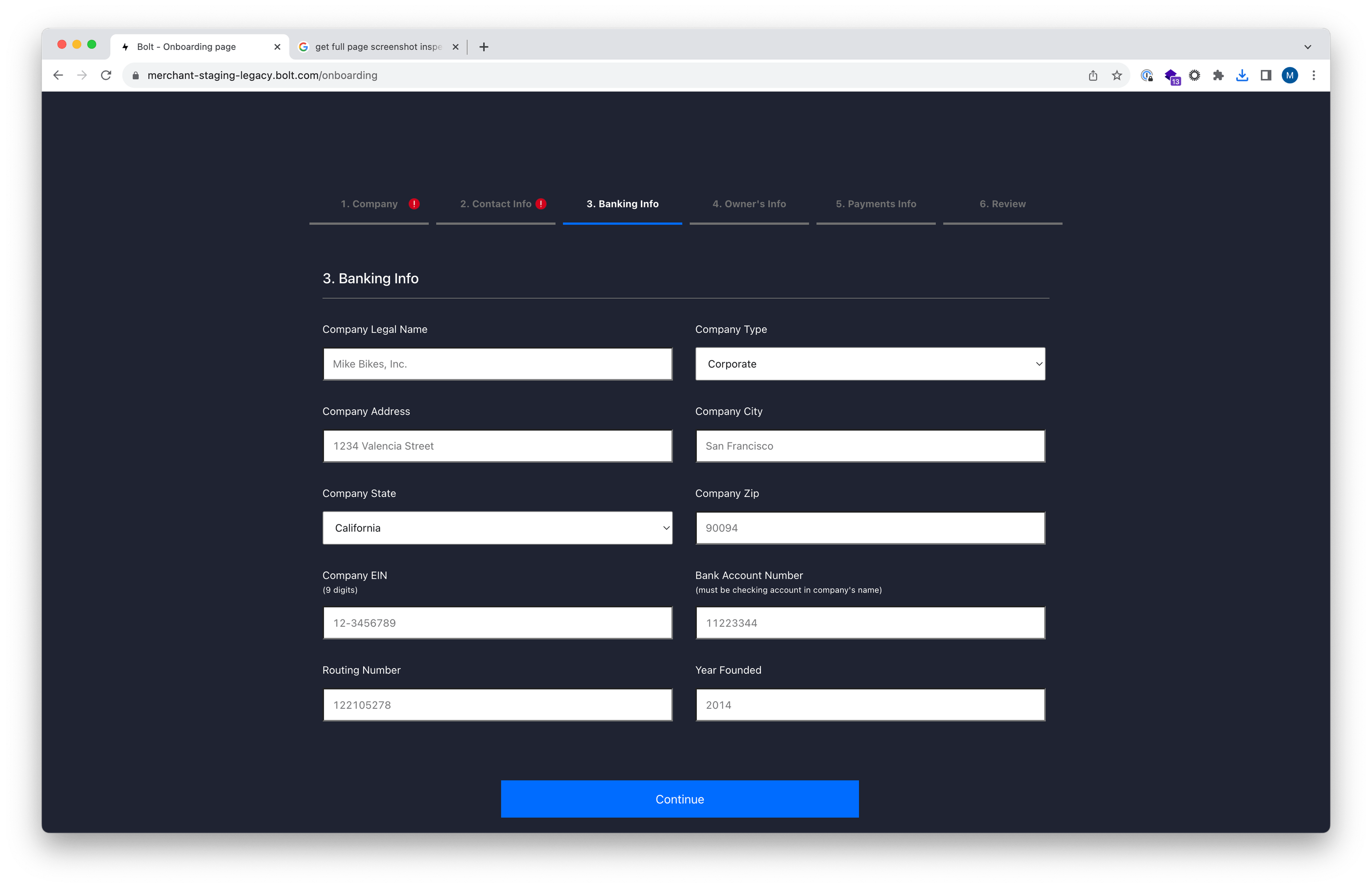 Legacy onboarding form - Banking Info section