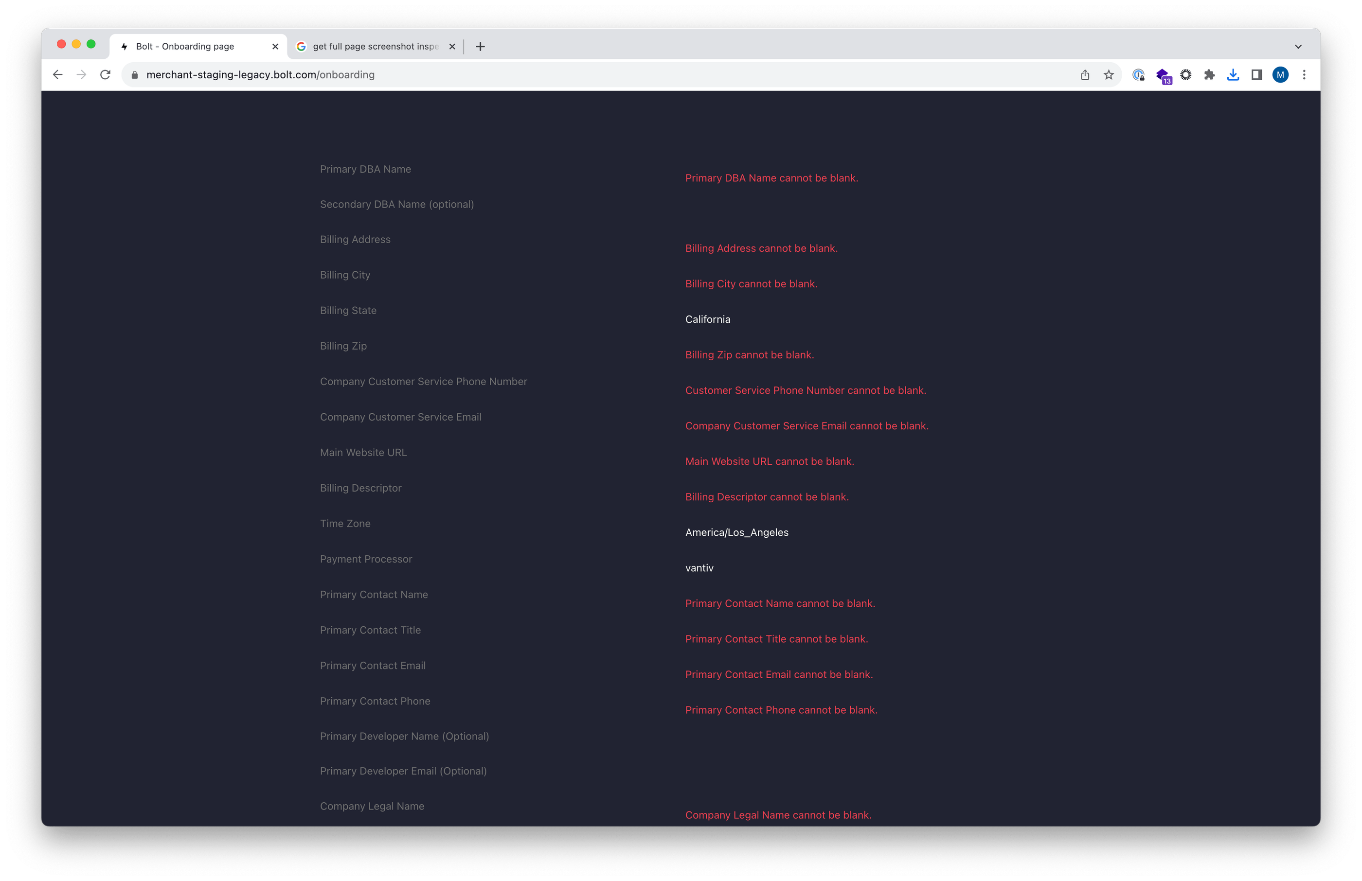Legacy onboarding form - Validation errors
