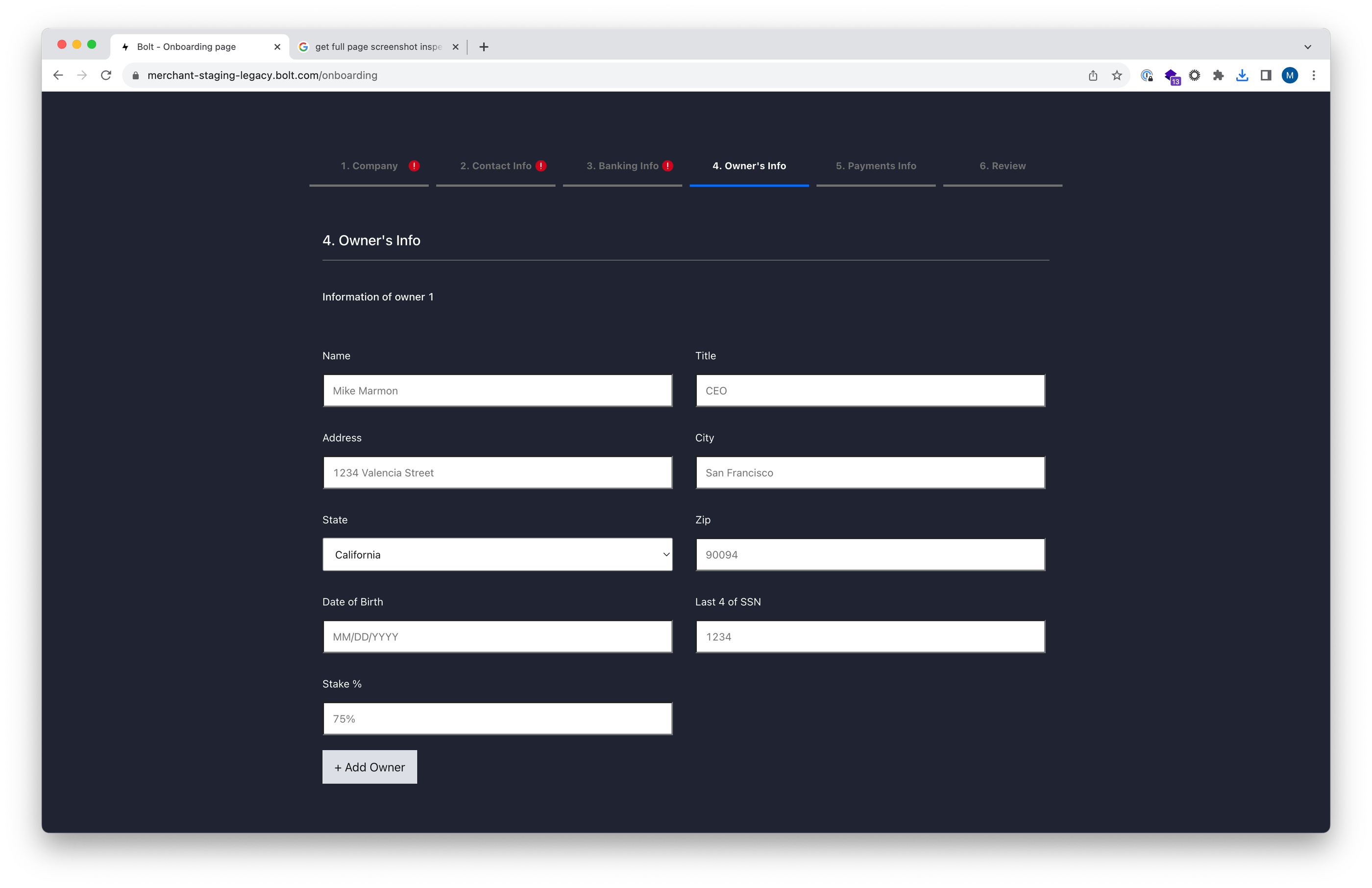 Legacy onboarding form - Owner's Info section