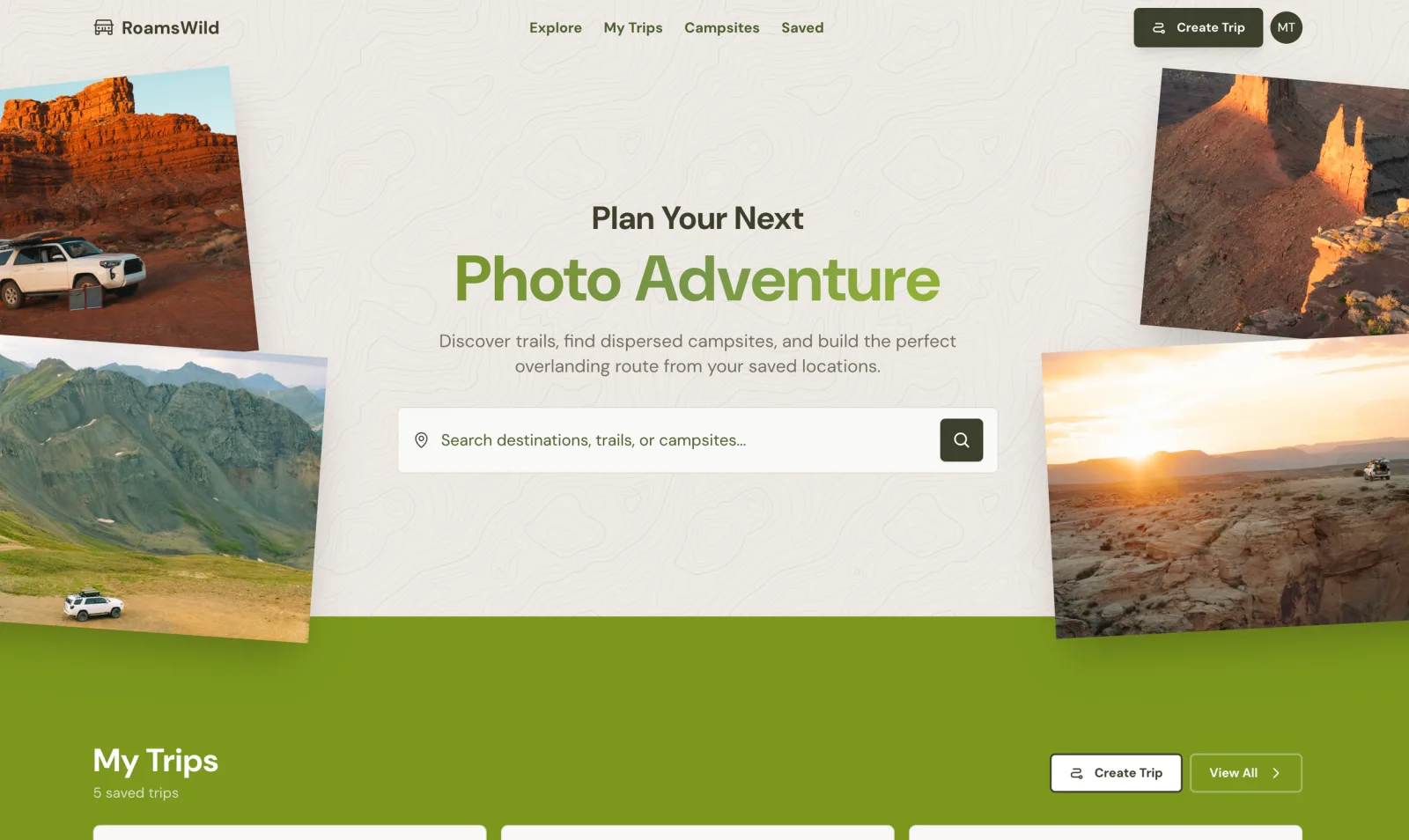 RoamsWild 'Plan Your Next Photo Adventure' landing page, an early color direction
