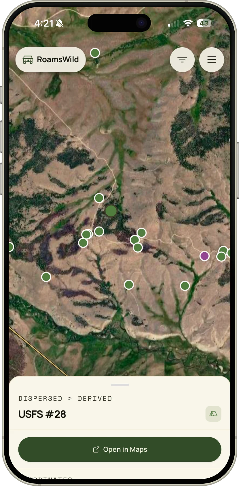 RoamsWild mobile Explore: satellite map of dispersed sites with a USFS #28 spot detail and Open in Maps