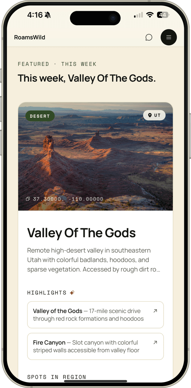 RoamsWild mobile featured region screen for Valley of the Gods