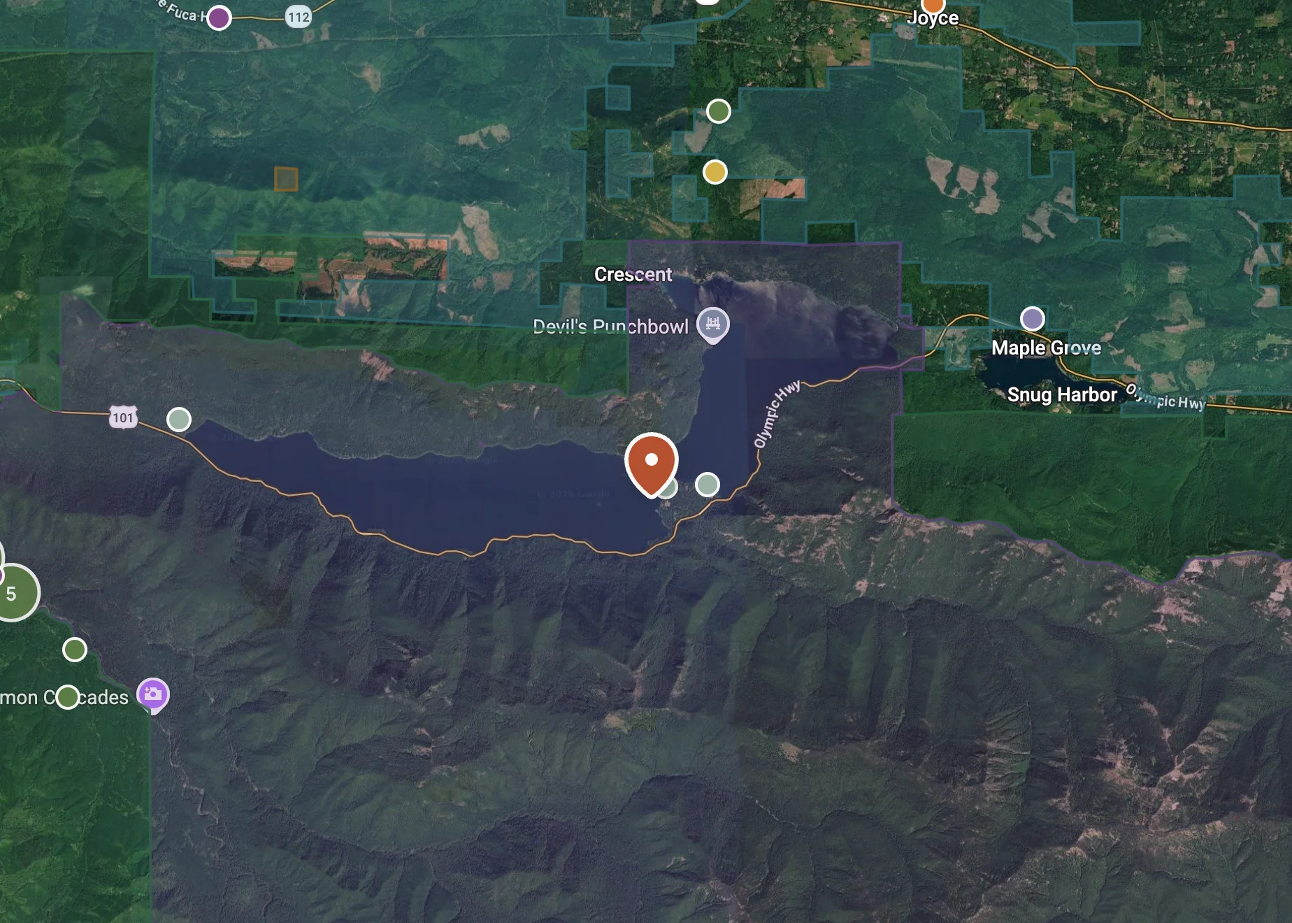 Satellite map near Lake Crescent with public-land ownership polygons overlaid, a flagged spot on the boundary