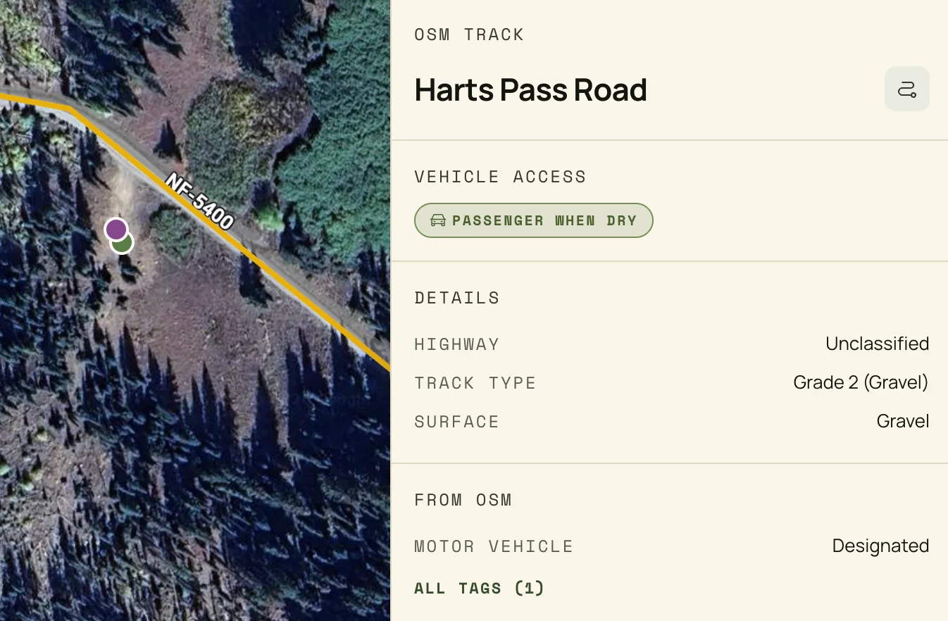 Harts Pass Road OSM track detail: vehicle access 'passenger when dry', Grade 2 gravel surface, beside a satellite map