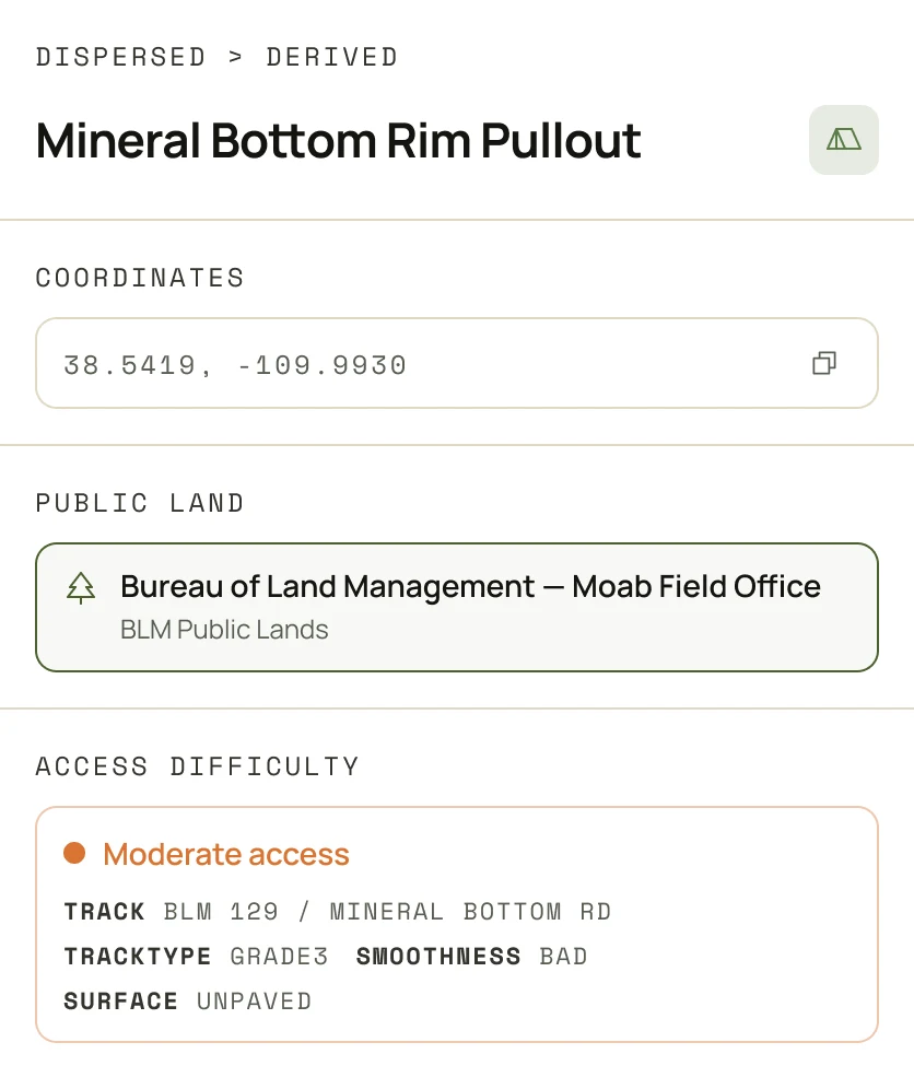 Spot detail panel for Mineral Bottom Rim Pullout: coordinates 38.5419, -109.9930, BLM Moab Field Office, and a Moderate access readout with track BLM 129 / Mineral Bottom Rd, Grade 3 tracktype, Bad smoothness, Unpaved surface.